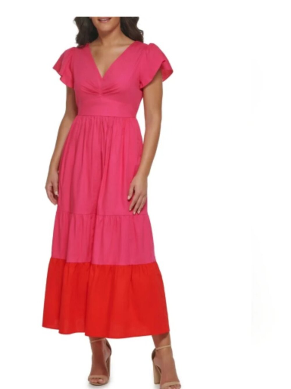 Kensie Ruffle Sleeve Cotton Maxi Dress Colorblock V-Neck NWOT